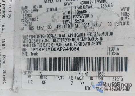 2010 Ford Ranger Xl from USA, damaged, VIN 1FTKR1AD8APA41054